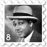 August 2023 Roaring Twenties SWG challenge stamp - a black and white photo of Duke Ellington circa 1927, with the number 8 in the lower left corner