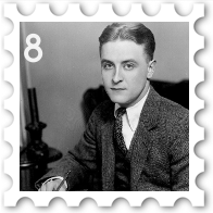 August 2023 Roaring Twenties SWG challenge stamp - a black and white photo of F. Scott Fitzgerald with pen in hand circa 1921, with the number 8 in the upper left corner
