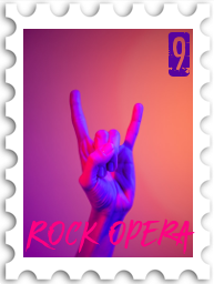 September 2023 Turgon's Rock Opera SWG challenge stamp - photo of a hand in the devil's horns or rock gesture; the colors are vivid purples, pinks, and oranges. The number 9 is in the upper right corner, and text "Rock Opera" across the bottom.
