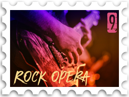 September 2023 Turgon's Rock Opera SWG challenge stamp - closeup of a guitarists's hands while playing, illuminated in rainbow colors. The number 9 is in the upper right corner and text "Rock Opera" across the bottom.