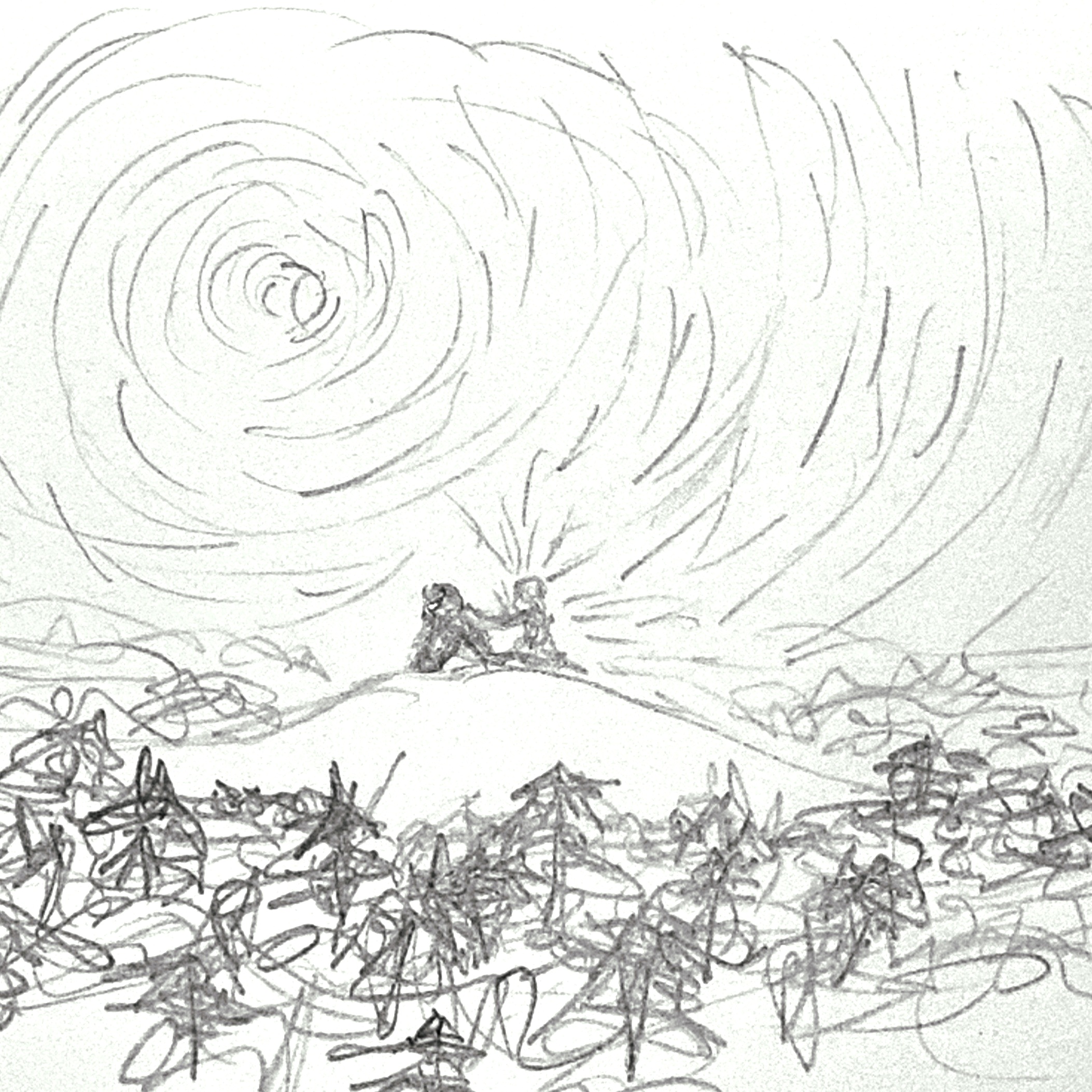 sketch of figures on a hill surrounded by forest under wheeling stars