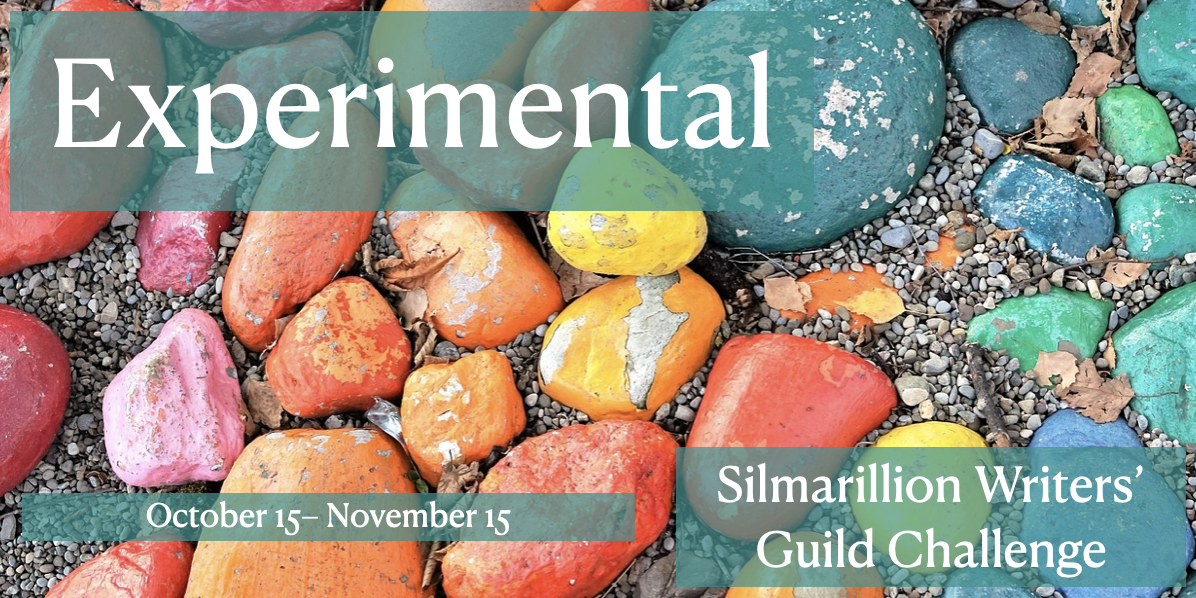 SWG Experimental challenge banner - photo of large stones painted in rainbow colors, with small grey stones or gravel between them; the challenge title and dates are in white text against a teal overlay