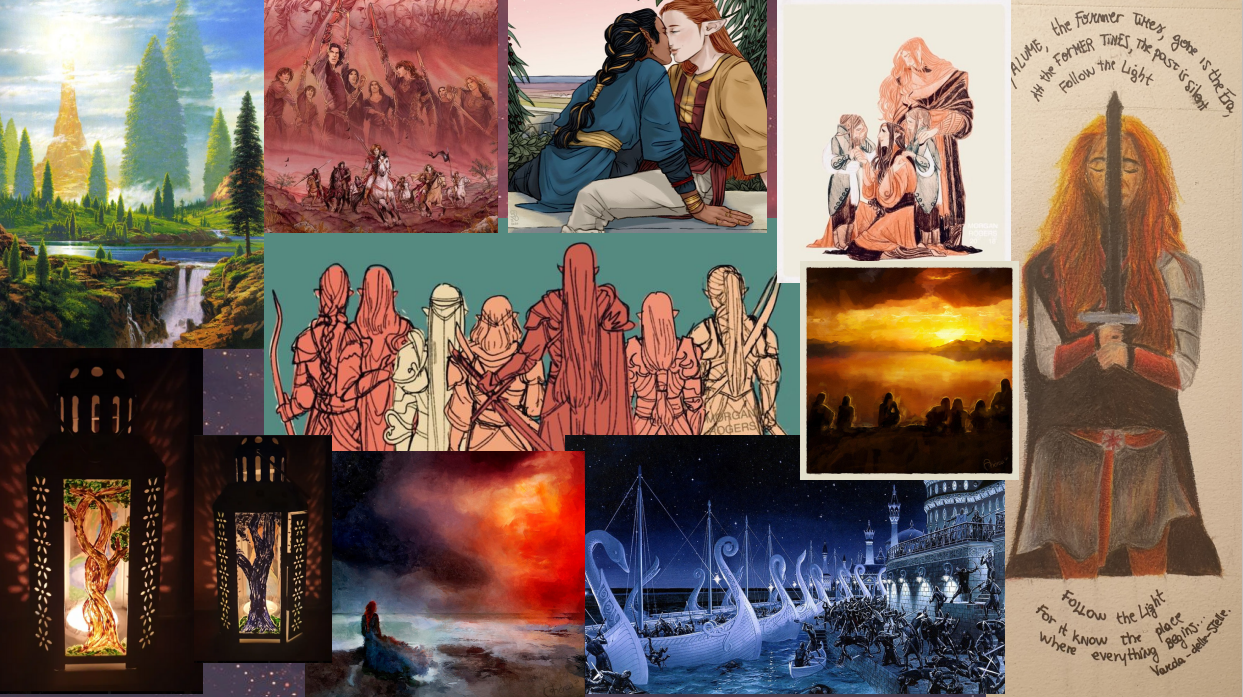 From the left: there is a landscape of Valinor, two pictures of Telperion and Laurelin, in the middle on top the Sons of Feanor are riding and swearing the Oath, in the middle there are all the sons near each other, in the bottom there is a painting of Neardanel after, near there is the kinslaying at Alqualonde, up the sons of Feanor looking at the sunset, up Fingon and Maedhros almost kissing and near Maedhros and Maglor saying goodbye to Elrond and Elros and the right a portrait of Maedhros