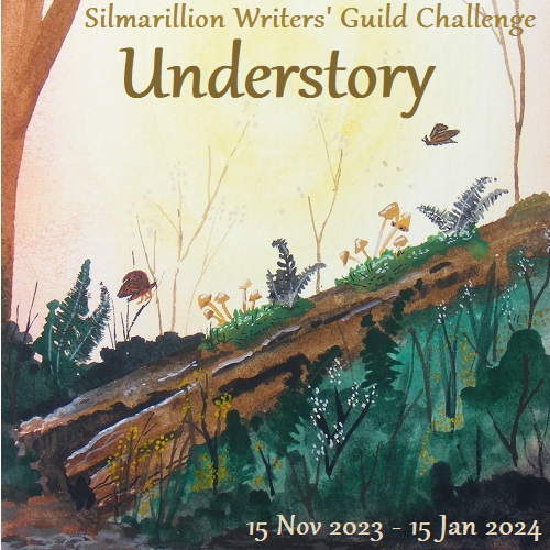 SWG Understory challenge banner - watercolor of a fallen log in a forest. There are ferns and fungi growing on the log, other plants surrounding it, and multiple butterflies above it.