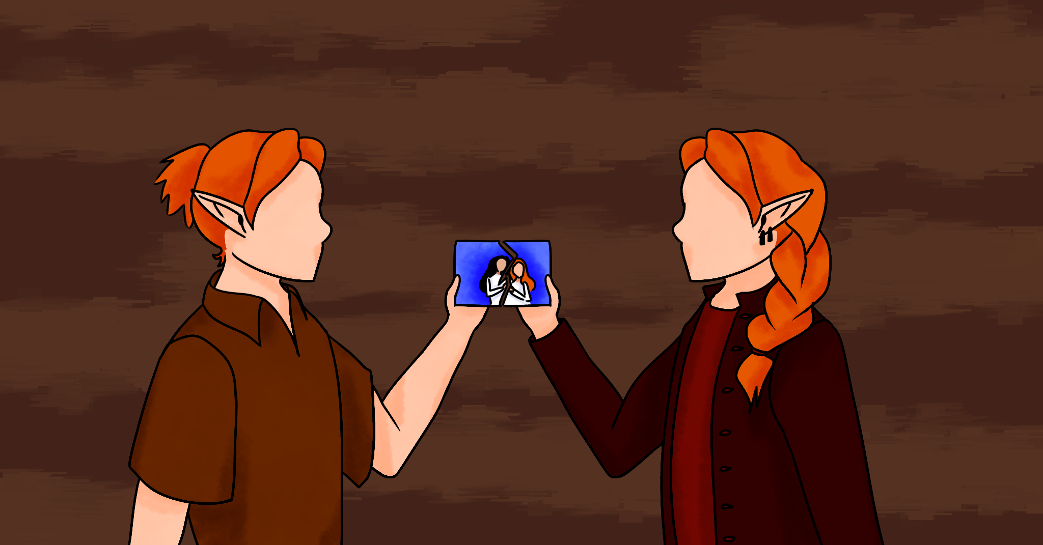 An image of Amrod and Amras, two identical twins. The twin on the left has short orange hair tied in a high ponytail, and wears a brown tunic. The twin on the right has long hair in a thick braid, and wears a red shirt, a black jacket, and black earrings. They each hold one half of a wedding picture of Feanor and Nerdanel that had previously been ripped in half. The twin on the left holds the side picturing Feanor, and the twin on the right holds the side picturing Nerdanel.