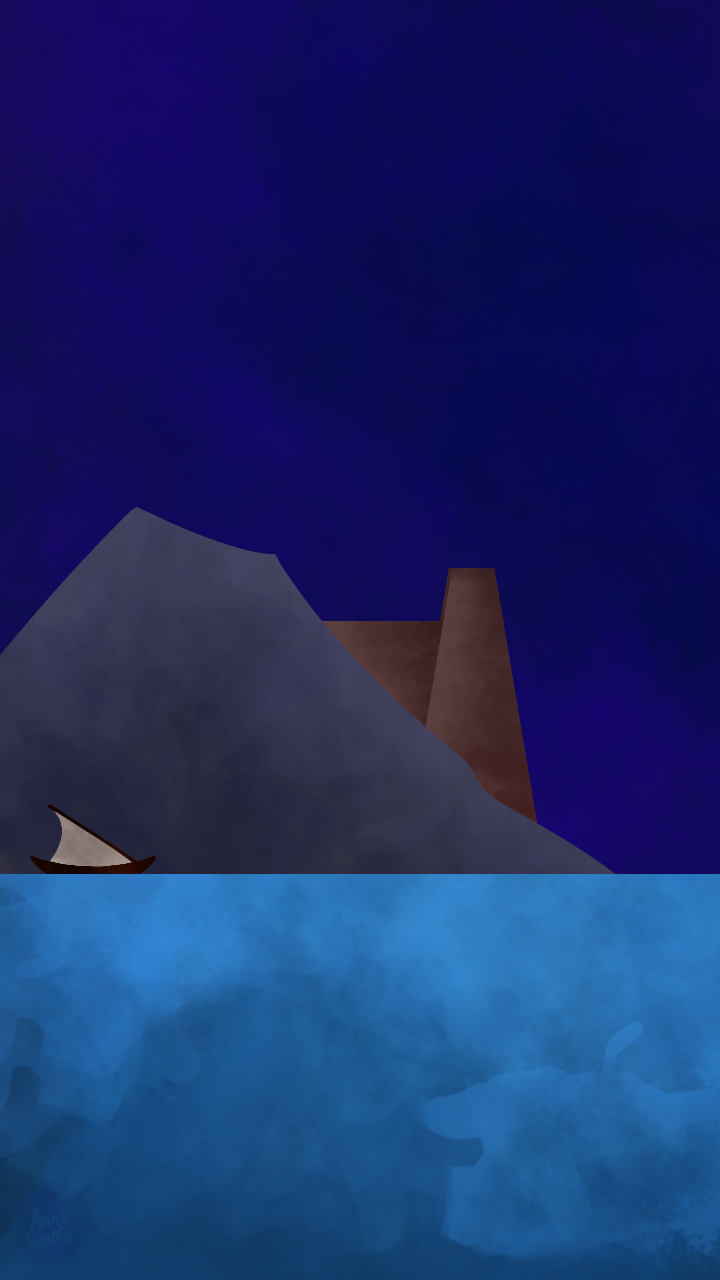 Himling Isle, a gray mountainous island with a red-brown fort protruding from its right side. Behind the isle is a deep blue, starless sky. In front of the isle, a small ship sails on a deep aqua sea.