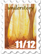 November/December 2023 Understory SWG challenge stamp - watercolor of trees and plants in a forest. The color scheme is reds and browns against warm yellow/gold.