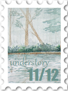 November/December 2023 Understory SWG challenge stamp - watercolor of trees and plants in a forest behind a pond or pool. The color scheme is understated blues and greens.