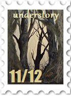 November/December 2023 Understory SWG challenge stamp - watercolor of trees and plants in a forest. The color scheme is monochrome, dark grey trees against a light background, and reminiscent of an underpainting or a black and white negative.