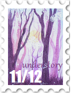 November/December 2023 Understory SWG challenge stamp - watercolor of trees and plants in a forest. The color scheme is blues and purples with a hint of gold in the center.