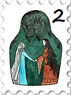 February 2024 Meet & Greet SWG challenge stamp -  illustration within the silhouette of a nesting doll, showing a light-haired elf taking the hand of a dark-haired elf against a background that might be a cave or a forest