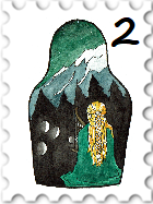 February 2024 Meet & Greet SWG challenge stamp -  illustration within the silhouette of a nesting doll, showing a golden haired elf with a harp facing trees and mountains