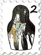 February 2024 Meet & Greet SWG challenge stamp -  illustration within the silhouette of a nesting doll, showing a rider on horseback with a spear in a forest at night. There are a number of figures in white reaching up toward the rider.