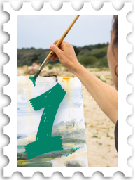 January 2024 Resolution SWG challenge stamp - photo of an artist painting a landscape; a large number one is atop the landscape in the color on the artist's brush.