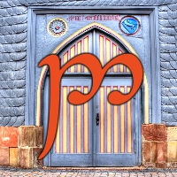 ando tengwa superimposed on a photo of a gothic-style wooden gate in a sandstone and slate wall. the gate is painted in bright colours, and the tengwa matches the orange of the paint and the sandstone.