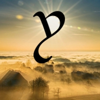 rómen tengwa superimposed on a photo of a sunrise over a rural landscape wrapped in morning mist. the upper branches of the tengwa envelop the sun.