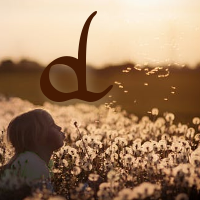 hwesta sindarinwa tengwa  against a backdrop of a child blowing dandelion puffballs in a field full of them