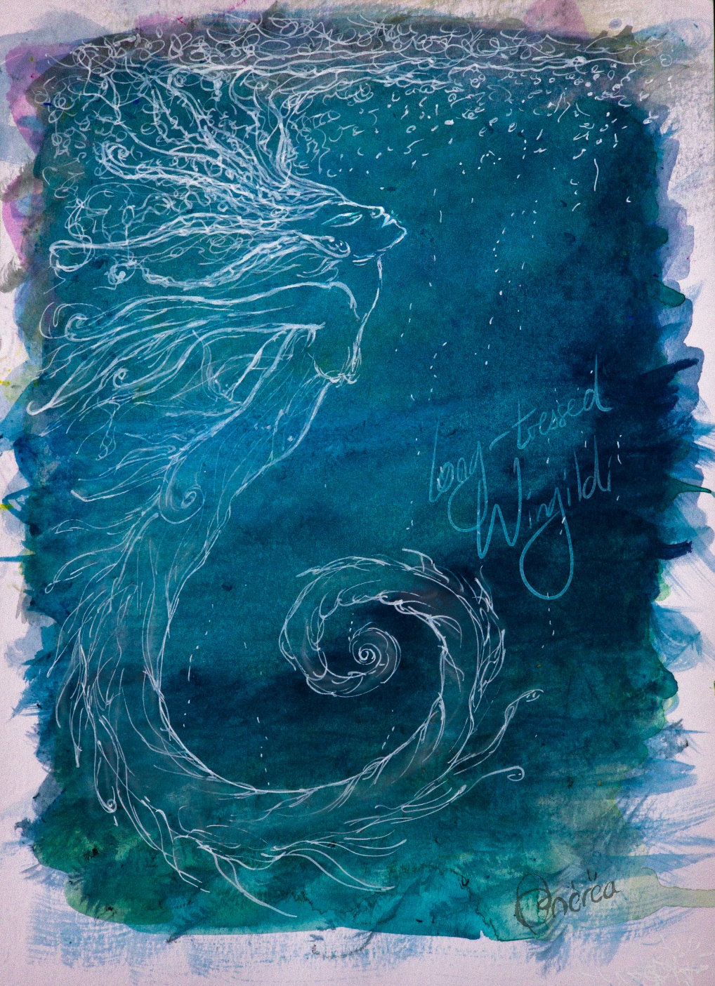 sketch of a mermaid-type being, looking up towards the surface of the water