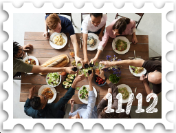 November/December 2024Potluck SWG challenge stamp - an overhead view of a table set for a festive meal; the people sitting down to eat are toasting, with their glasses in the center