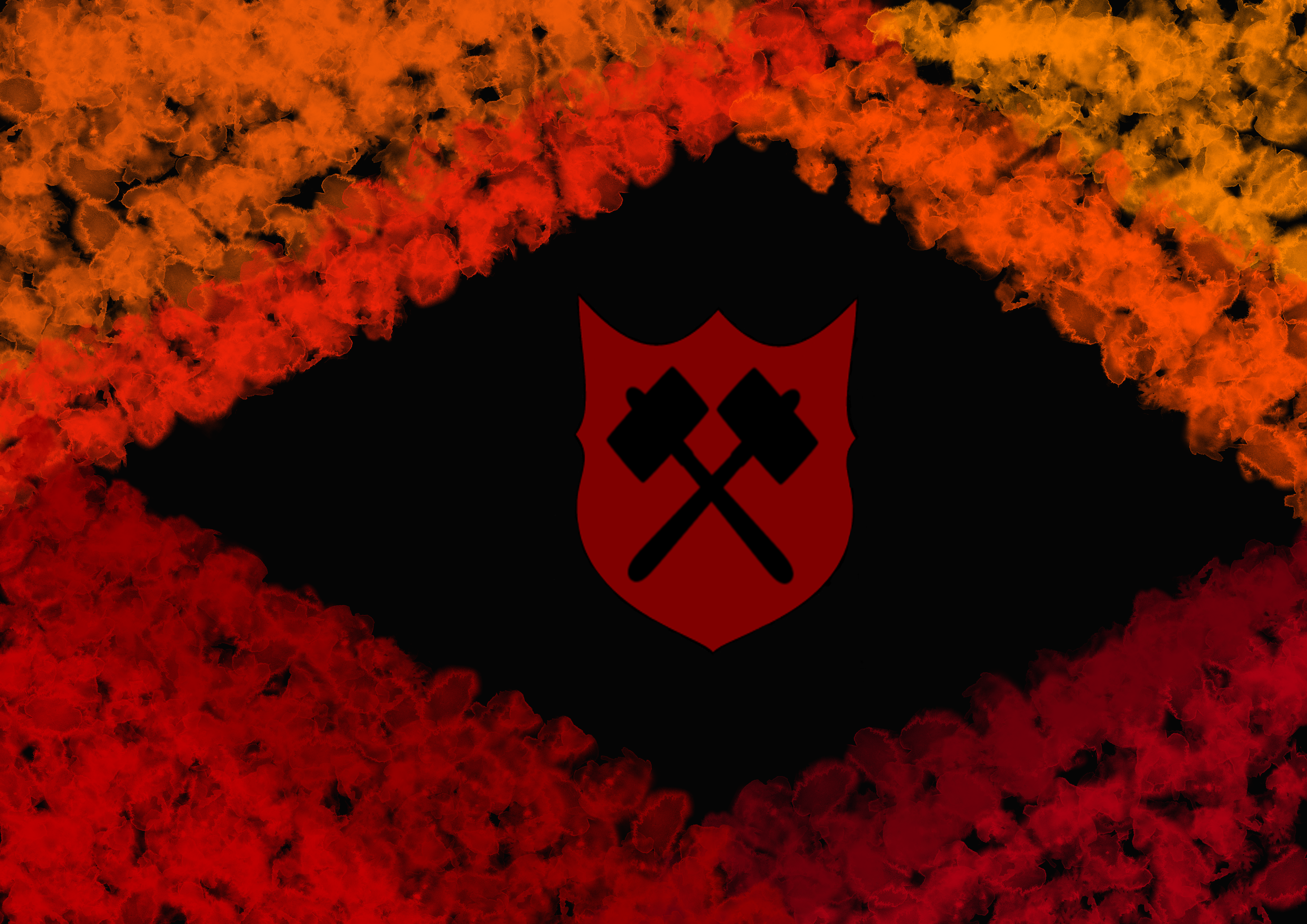 In the centre of this image is a shield with three points at the top, a red background and two black crossed hammers in the centre. The corners are coloured in various shades of red and orange, made to look like watercolours.