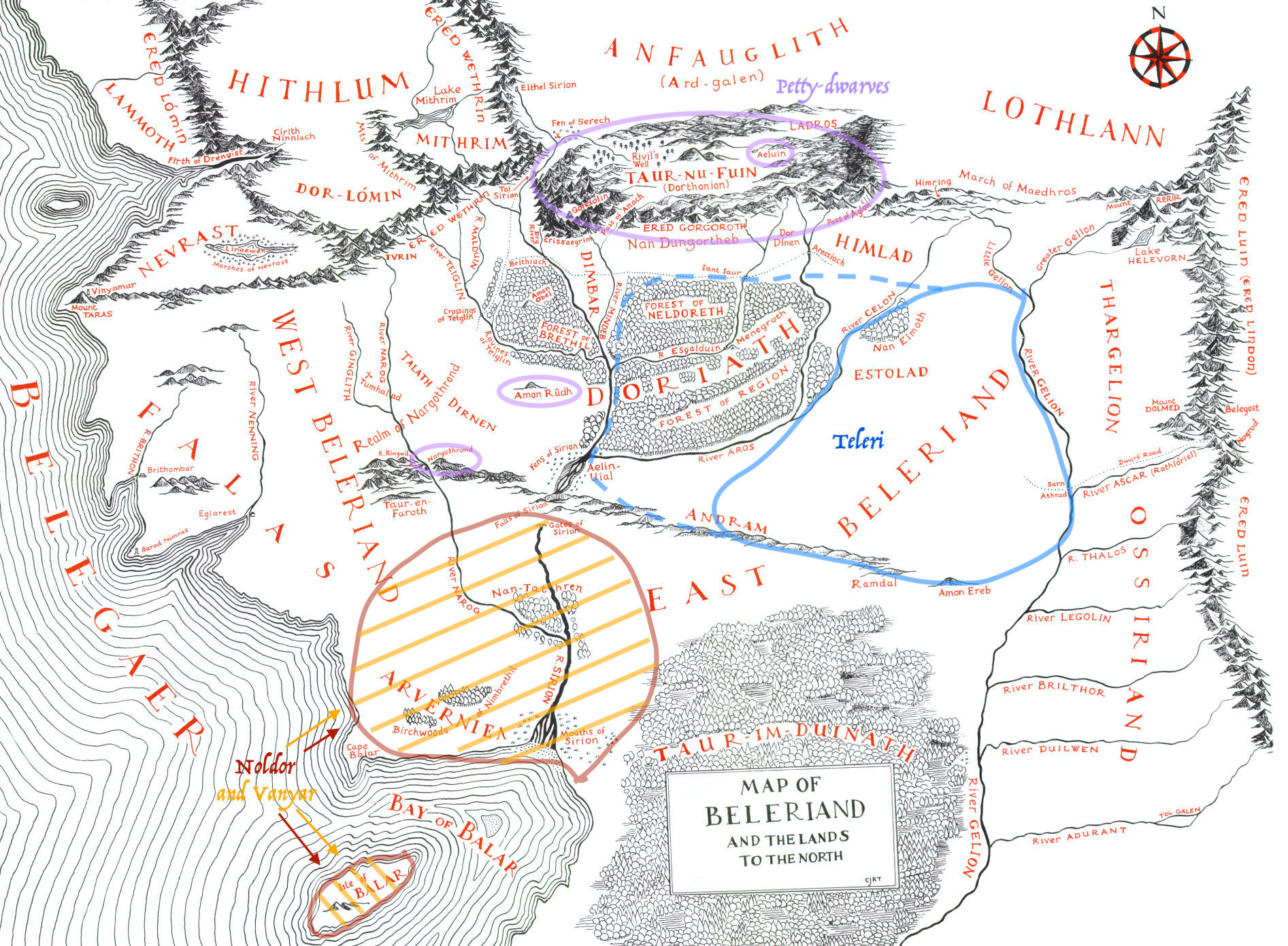 Map of Beleriand showing the general distribution of the Teleri, Vanyar, Noldor, and Petty-dwarves as the Vanyar and Noldor were led by Oromë towards the sea