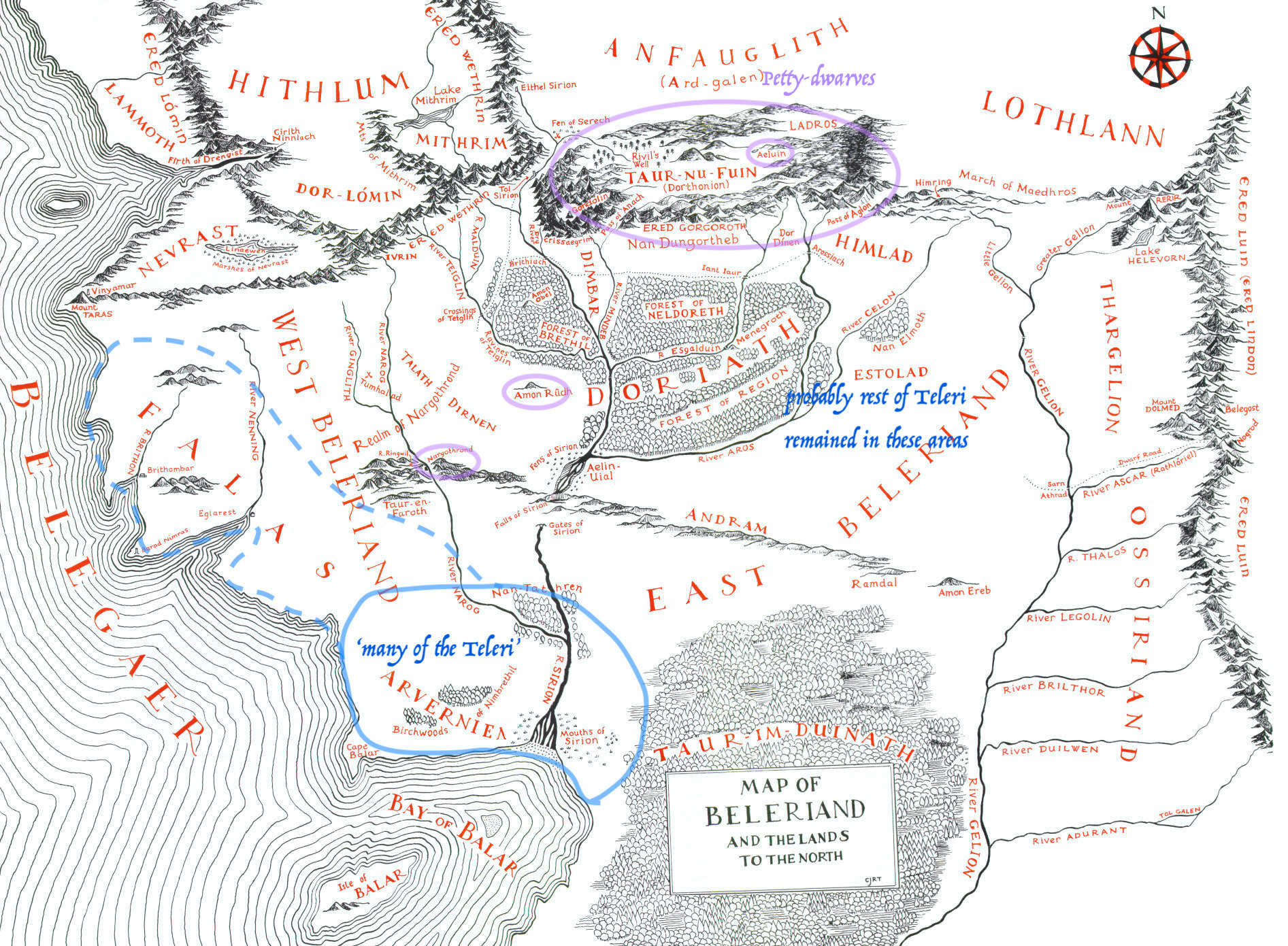 Map of Beleriand showing the general distribution of the Teleri and Petty-dwarves after the Vanyar and Noldor left Beleriand for Aman