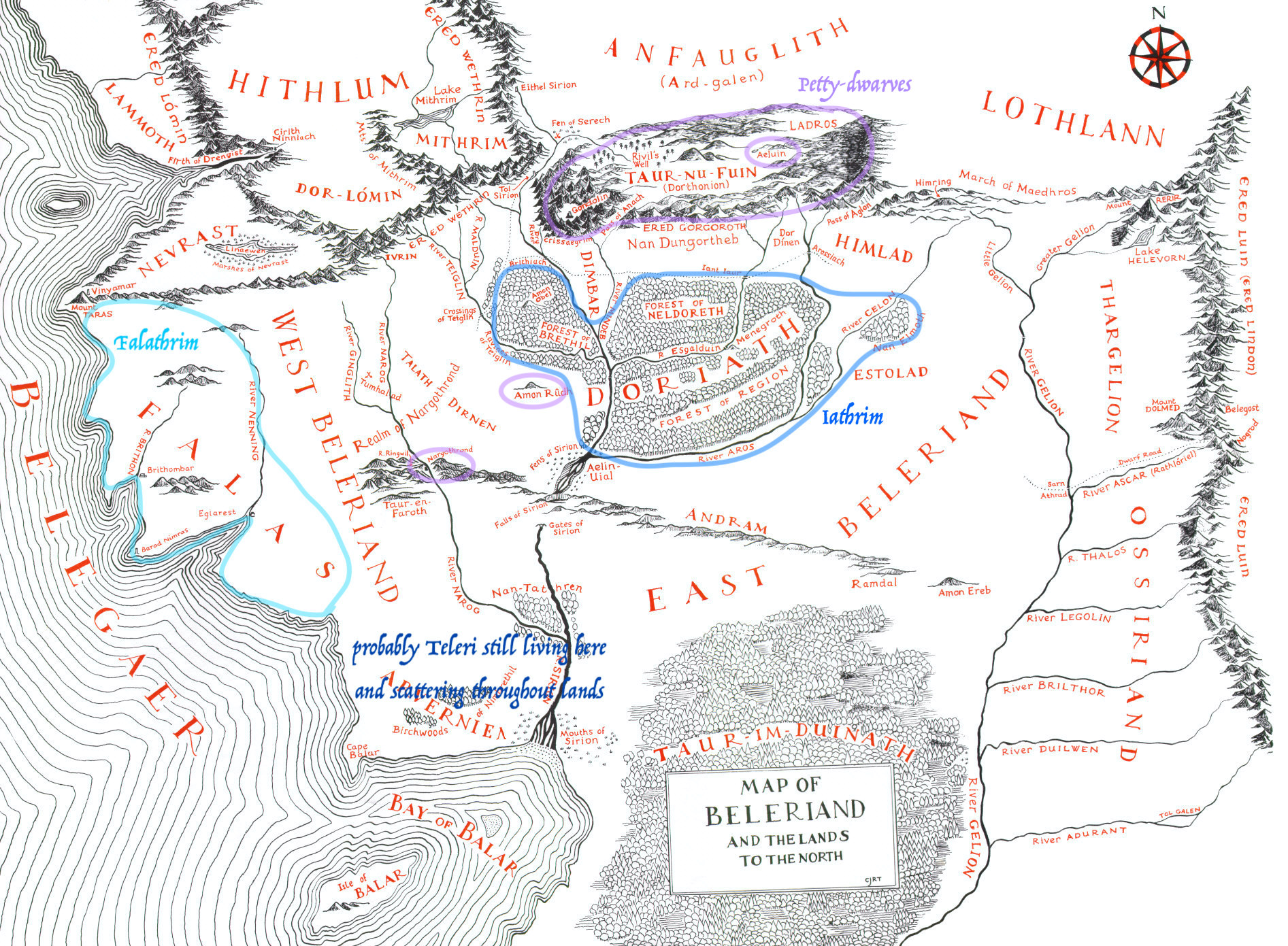 Map of Beleriand showing the general distribution of the Teleri and Petty-dwarves after the rest of the Teleri left Beleriand for Aman