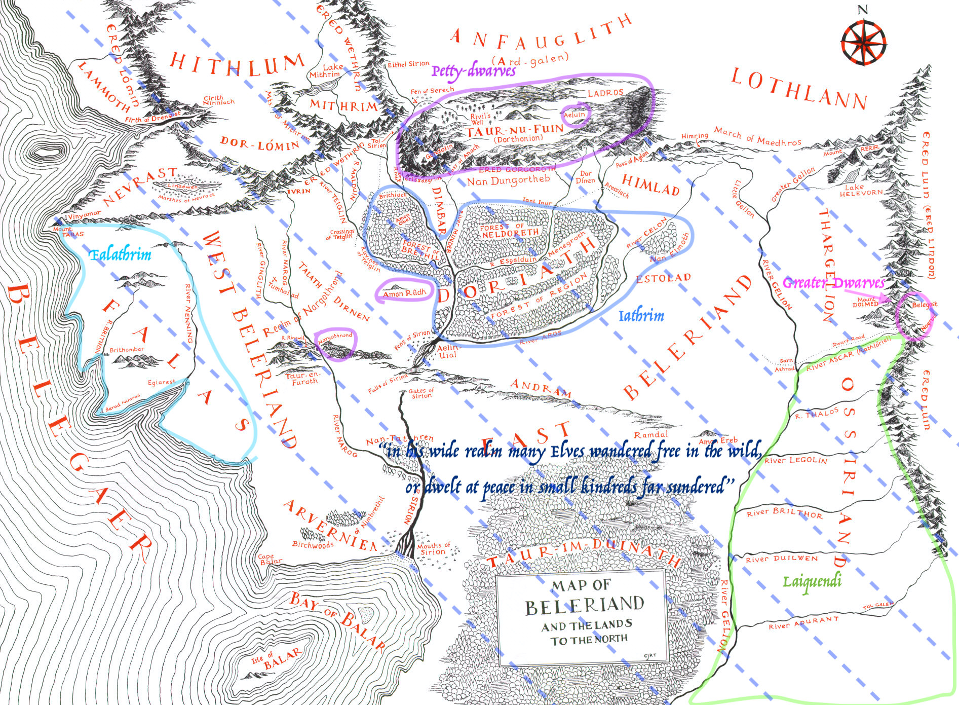 Map of Beleriand showing the general distribution of the Teleri, Lauquendi, Petty-dwarves, and Greater Dwarves after Thingol's re-emergence