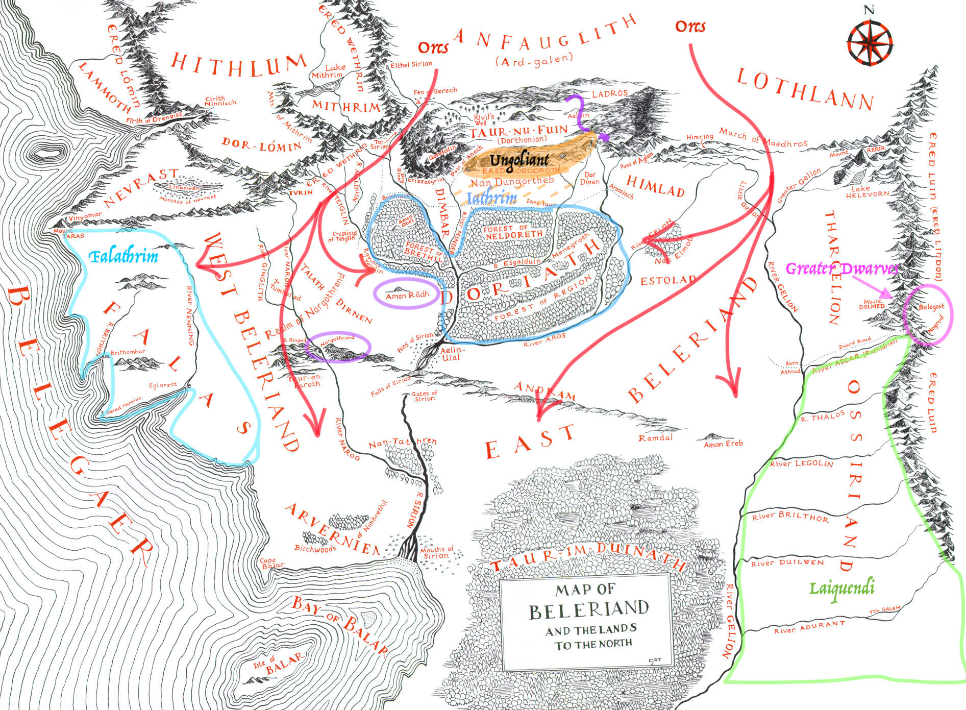 Map of Beleriand showing the general distribution of the Teleri, Lauquendi, Petty-dwarves, Greater Dwarves, Orcs, and Ungoliant after the Darkening of Valinor and Morgoth's flight to Middle-earth