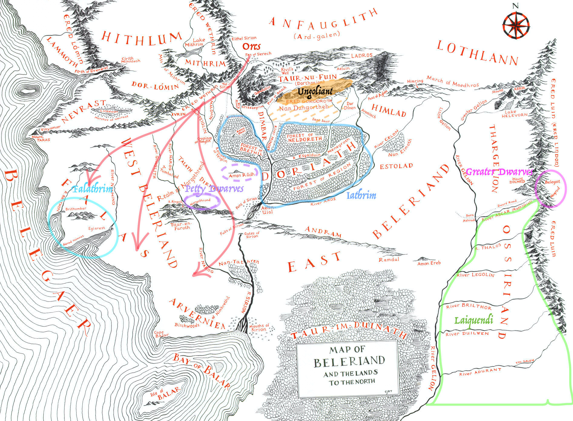 Map of Beleriand showing the general distribution of the Teleri, Lauquendi, Petty-dwarves, Greater Dwarves, Orcs, and Ungoliant after Thingol and the Laiquendi defeated the orcs in East Beleriand