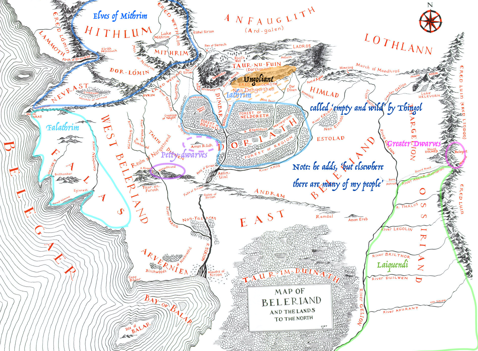 Map of Beleriand showing the general distribution of the Teleri, Lauquendi, Petty-dwarves, Greater Dwarves, and Ungoliant after the arrival of the Noldor and their defeating the orcs in East Beleriand