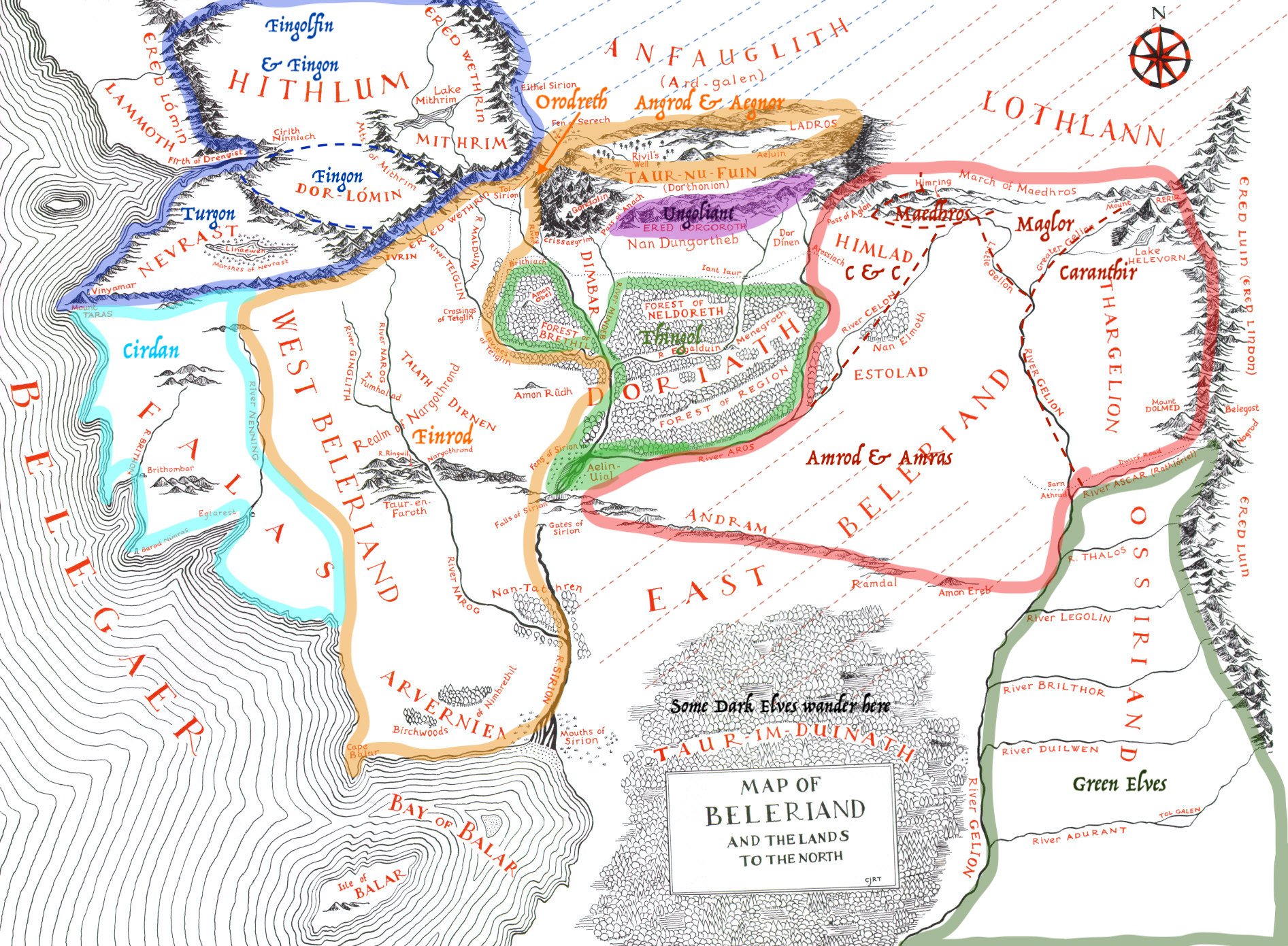 Map of Beleriand showing the general distribution of the Teleri, Lauquendi, Noldor, and Ungoliant after the dividing of the land among the Noldor