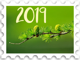 January 2025 Jubilee SWG challenge stamp - a photo of an evergreen branch with green cones against a green background and the number "2019"