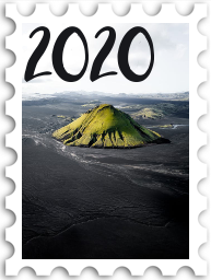 January 2025 Jubilee SWG challenge stamp - a photo of a green hill standing alone amid a black lava flow and a grey-white sky. The number "2020" is in the sky.