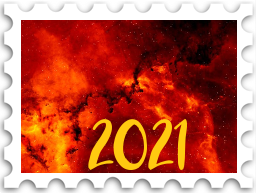 January 2025 Jubilee SWG challenge stamp - a colorized image of a stellar nebula; reds and oranges predominate. The number "2021" is at lower right.