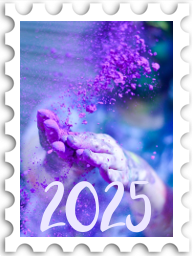 January 2025 Jubilee SWG challenge stamp - a closeup photo of a hand tossing color powder, as at Holi. The color purple predominates. The number "2025" is at the bottom of the stamp in pale purple..