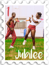 January 2025 Jubilee SWG challenge stamp - Photo of two people in a backyard. They may be dancing or they may be playing around. Both wear expressions that show they're having a great time.