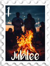 January 2025 Jubilee SWG challenge stamp - a photo of people gathered around a campfire at dusk. People are visible primarily as silhouettes, with the darkening sky behind them and the fire blazing in front of them.