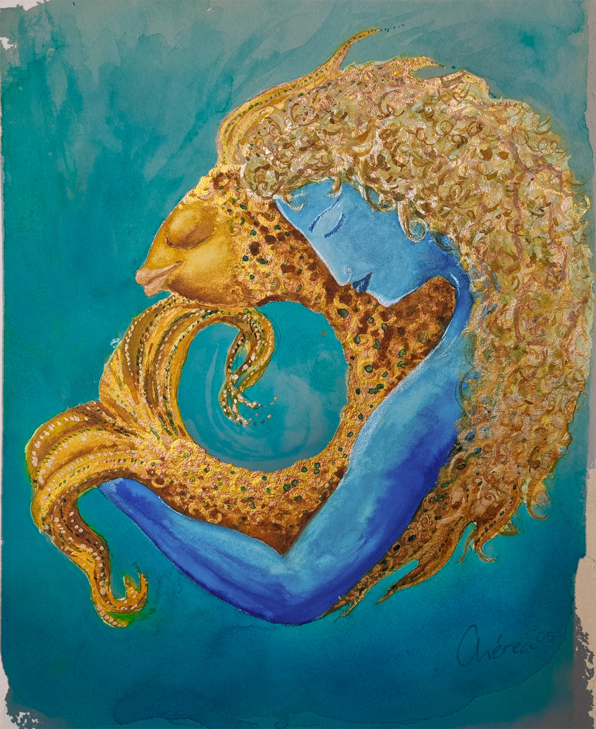 Painting of a blue woman with pale golden hair hugging a gold fish
