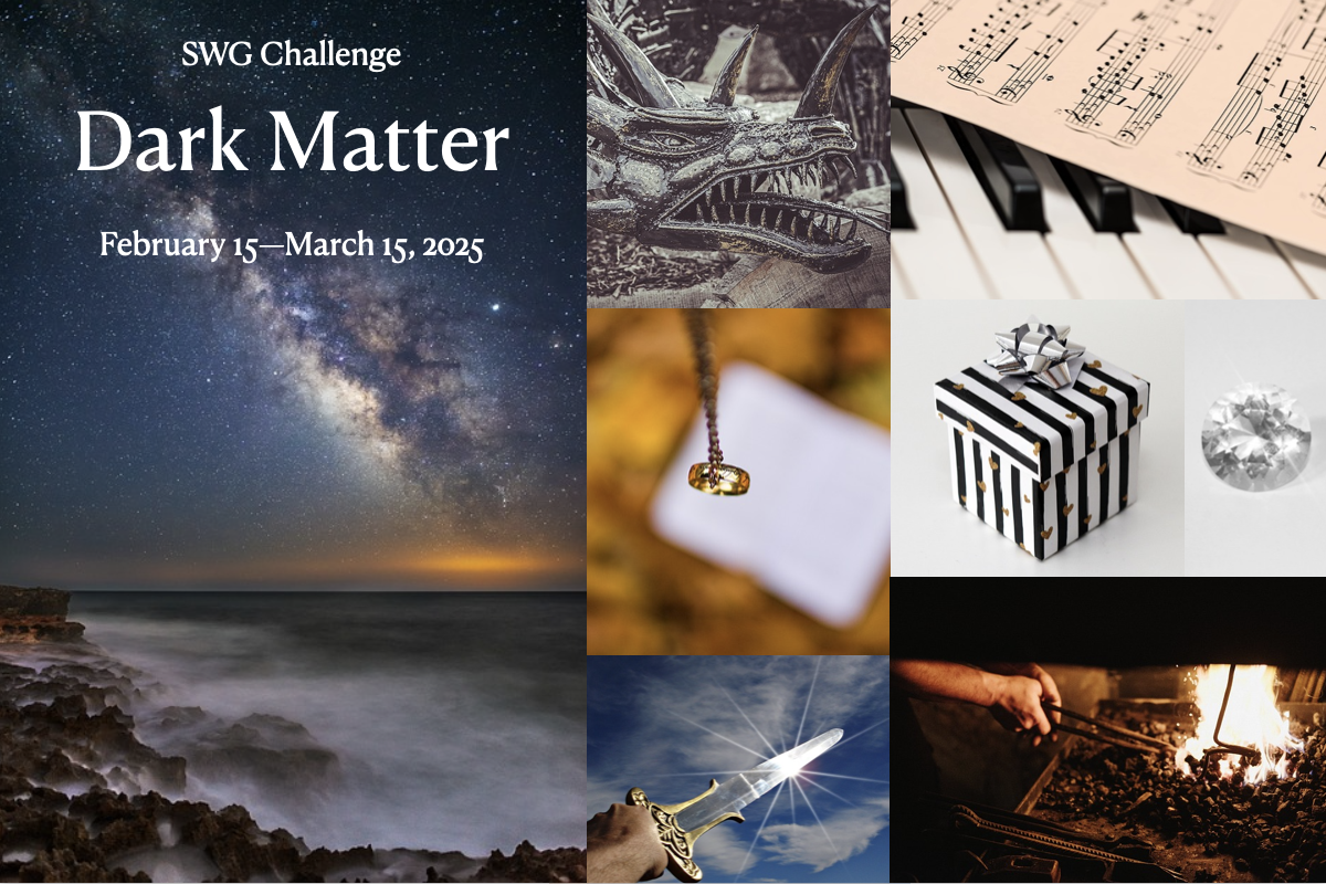 SWG Dark Matter challenge banner - photo collage, featuring photos of the Milky Way at night above sea-cliffs, a dragon's head, a ring on a chain, a sword held high, sheet music over a piano keyboard, a wrapped gift, a gem, and a pair of blacksmith's tongs in a forge fire.  The caption "SWG Challenge Dark Matter February 15 - March 15 2025" is superimposed on the Milky Way