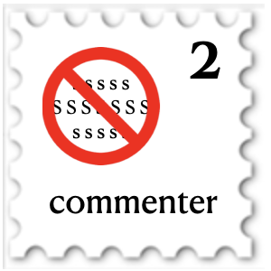 February 2025 Dark Matter commenter stamp - numerous instances of the letter S beneath a red 'no' symbol; at the bottom is the word commenter.