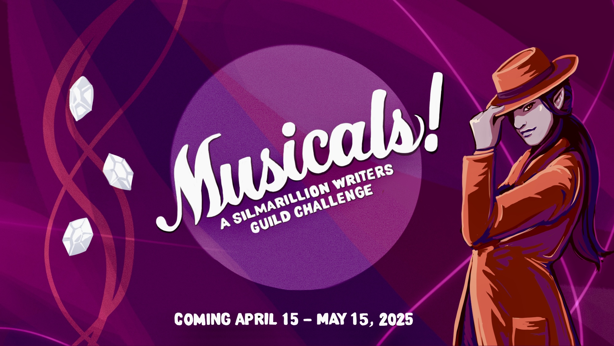 SWG Musicals challenge banner - illustration primarily in reds and purples showing  three Silmarils on the left, an elf with a jaunty hat on the right, and the text "Musicals! A Silmarillion Writers' Guild Challenge" in the middle