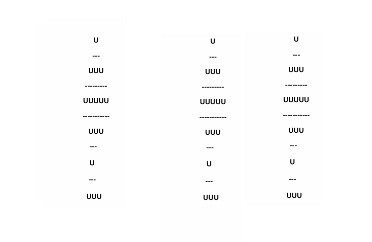 3 columns made up of  alternate sequences of  hyphens and the letter u, arranged in the outline of three fishes side by side, facing upwards