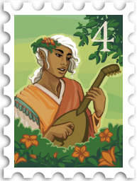April 2025 Musicals challenge stamp - illustration of Daeron wearing an orange and white tunic and a flowers in his hair, playing a lute. There are orange flowers in the foreground, and tree boughs in the background.