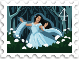 April 2025 Musicals challenge stamp - illustration of Luthien wearing a light blue dress, dancing in the forest with white flowers around her and tall trees behind her.