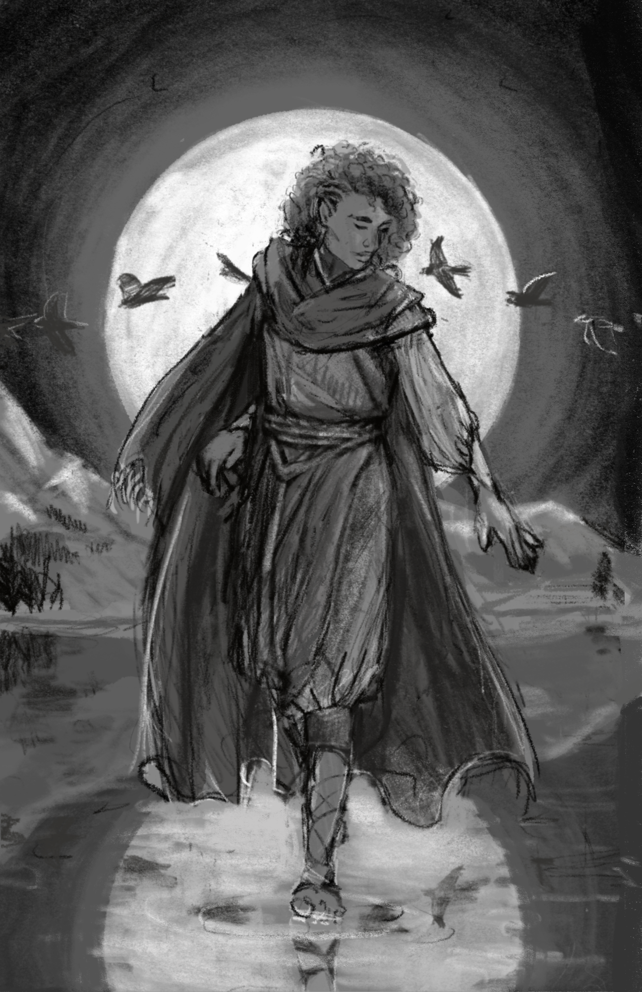 Digital pencil sketch. As a luminous moon rises over Beleriand, Argon gazes down at its reflection in a pool of still water.