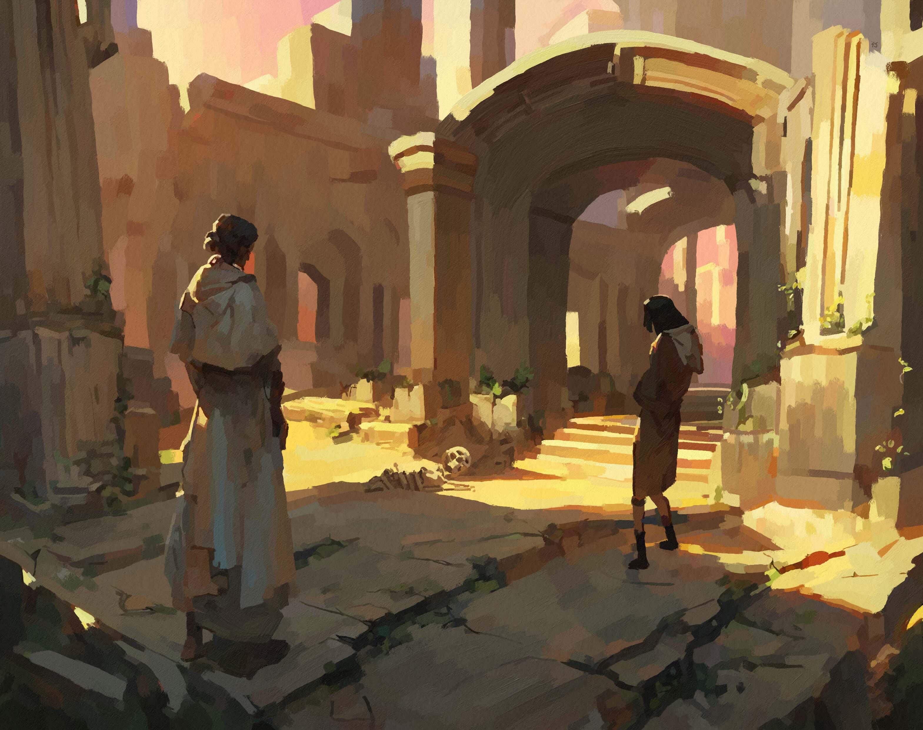 painting of ruins with two figures by fish