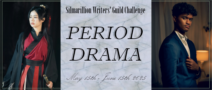 SWG Period Drama May 2025 challenge banner - text giving the challenge name and dates is bookended by photos of characters from period dramas.