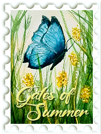 June 2025 Gates of Summer SWG challenge stamp - color illustration of a blue butterfly amid tall green grass and yellow flowers
