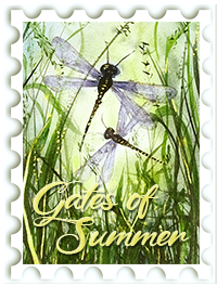 June 2025 Gates of Summer SWG challenge stamp - color illustration of two drgonflies flying amid tall grass; green is the dominant color.